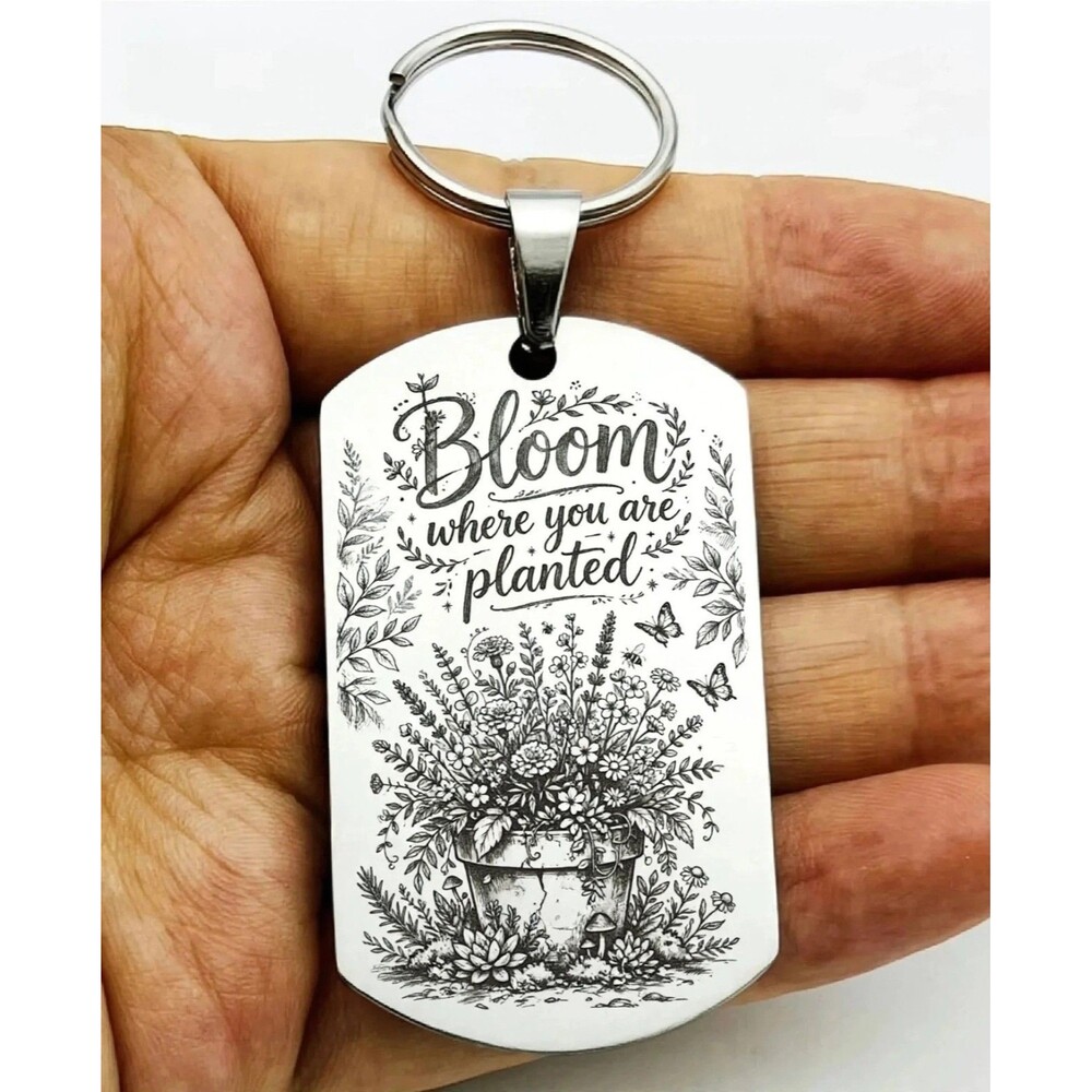 Bloom Plant Happy Life Work Hard Reminder Stainless Keychain Happy Flower Art